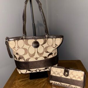 Coach Signature Stripe Tote and Wallet Set